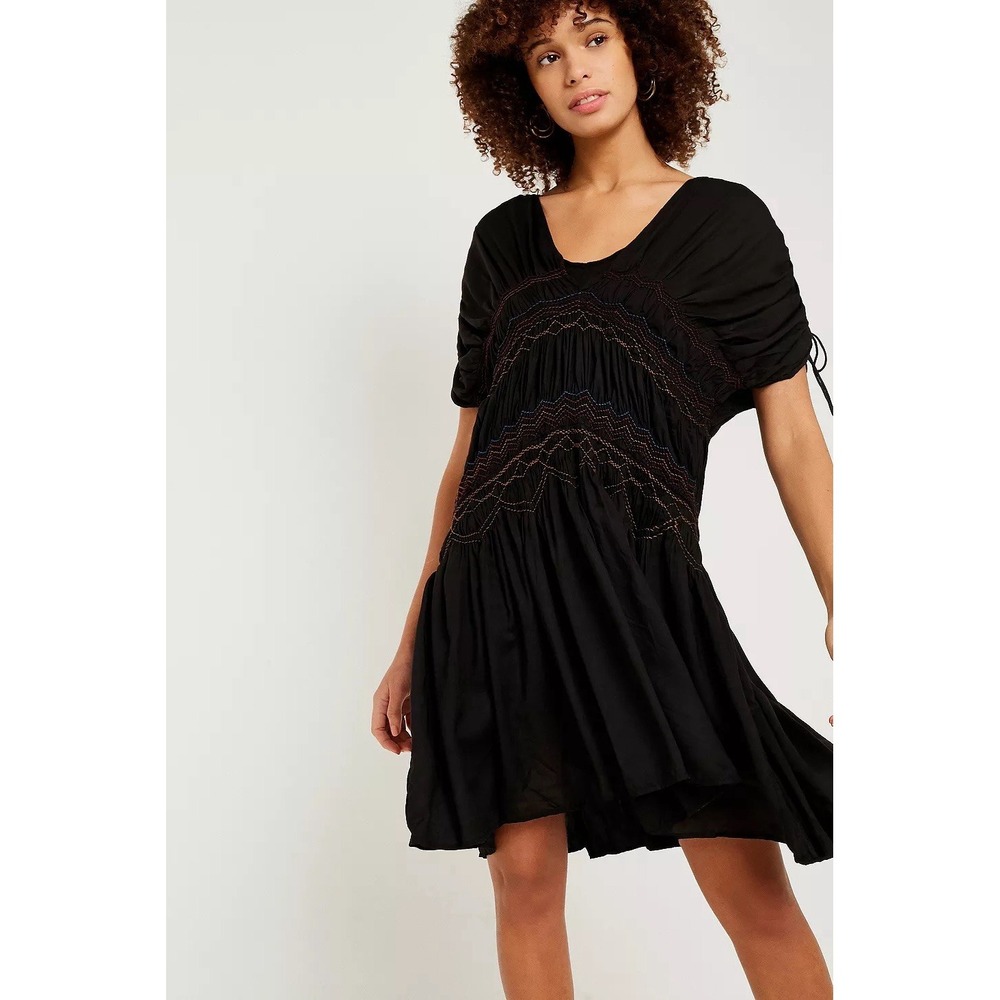 Free People Black Rainbow Smocked Boho Mini Dress S Ruched Embroidered NWT